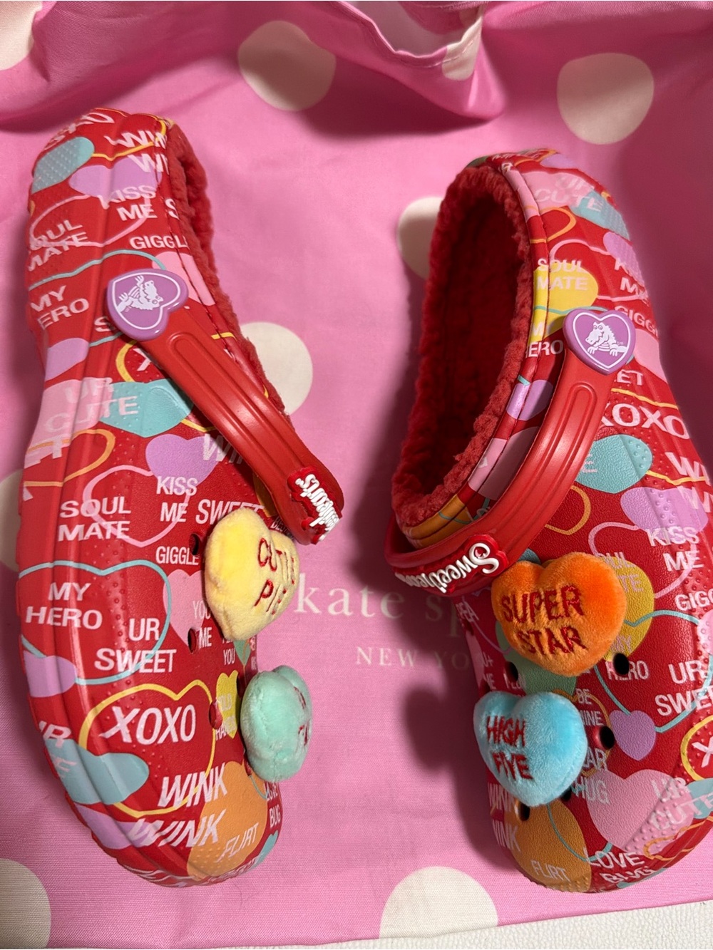 CROCS Red Conversation Heart Clogs with Plush Lining and Heart Charms - Picture 4 of 8